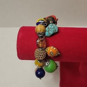 Beaded Glass Wood Stone Western Boho Artsy Eclectic Dangle Charm 7" Bracelet